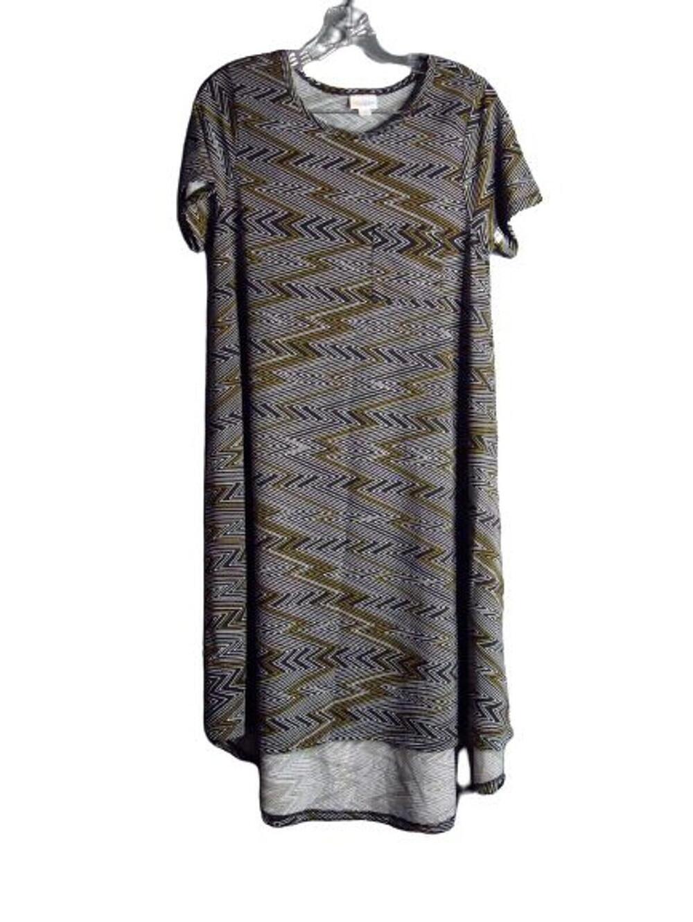 LuLaRoe Simply Comfortable Dress Chest Pocket Black Gold White Zig Zag Sz Small